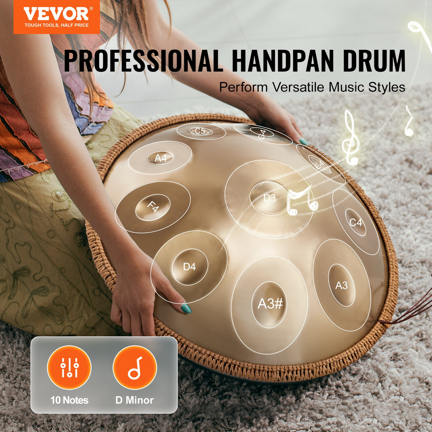 Vevor 22-inch D minor handpan drum with mallets, stand, and carry bag, steel percussion instrument for adults and beginners