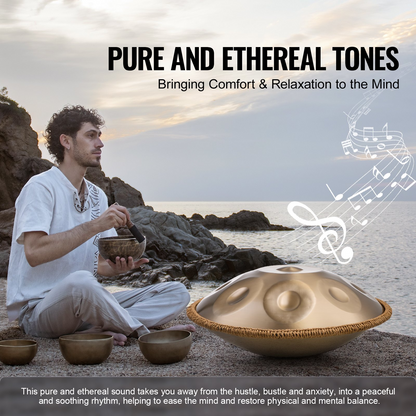 Start2Finish VEVOR 22-inch D Minor Handpan Drum with mallets, stand, and carry bag, steel percussion instrument for adults and beginners.