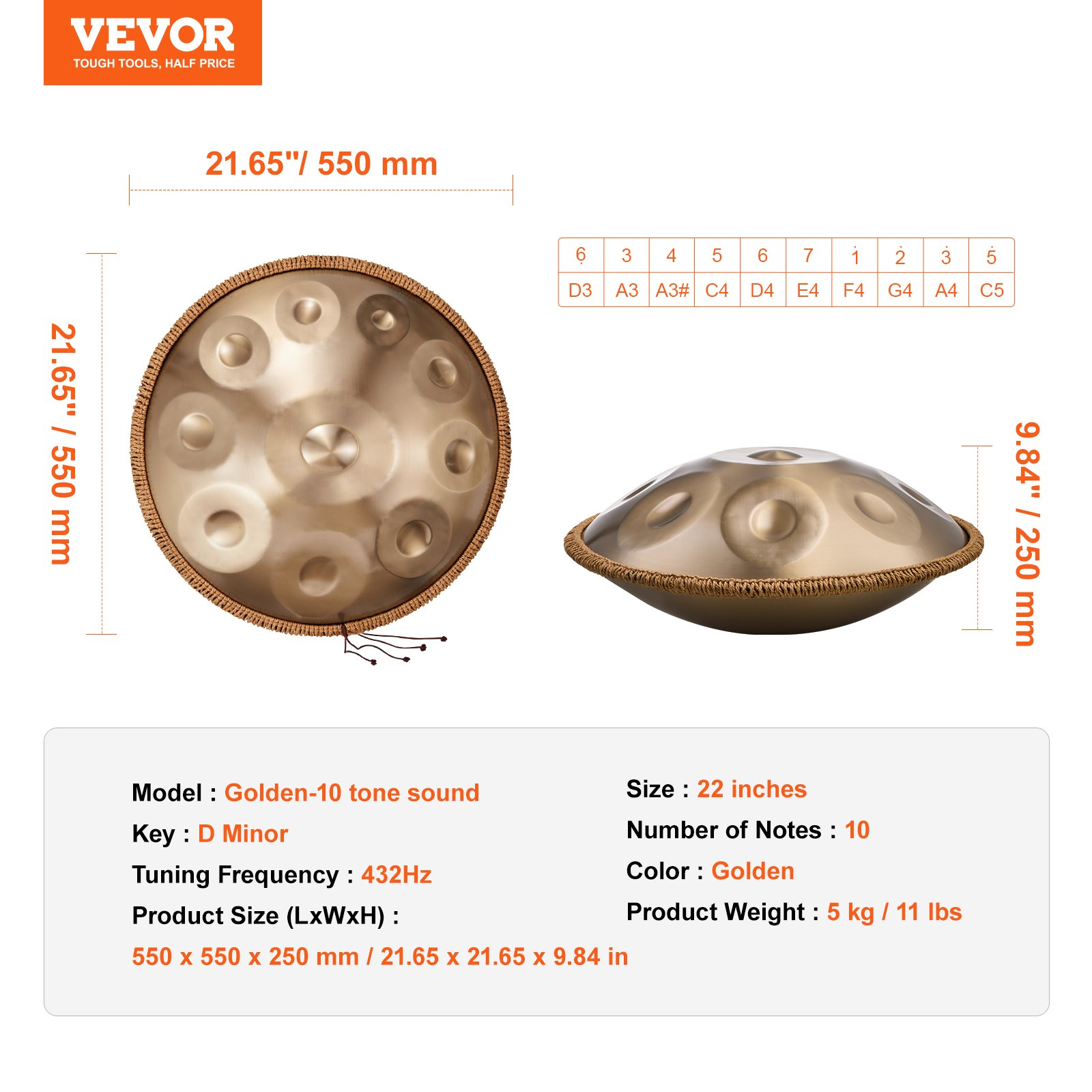Start2Finish VEVOR handpan drum, 22-inch D minor steel percussion instrument with mallets, stand, and carry bag for beginners.