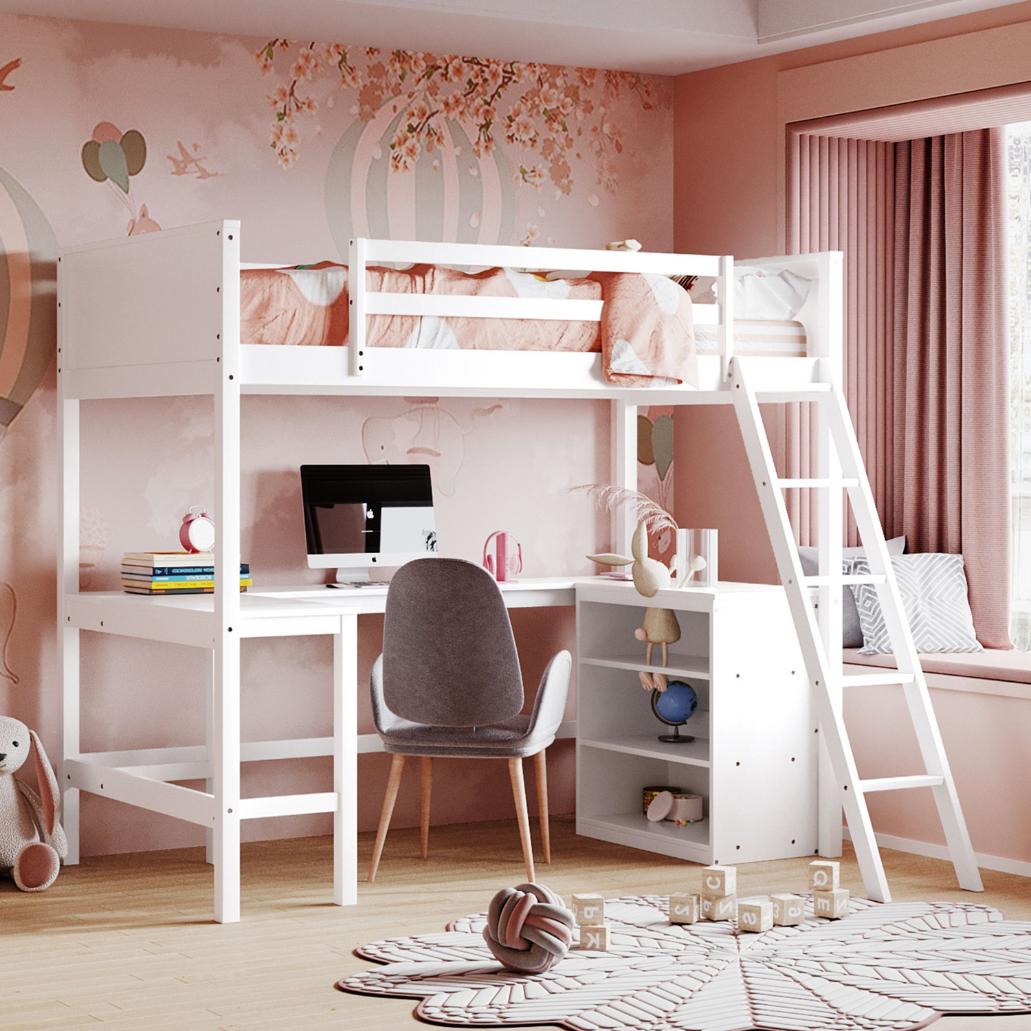 Twin size loft bed by Start2Finish with solid wood frame, built-in desk, and shelves for bedroom or study space.