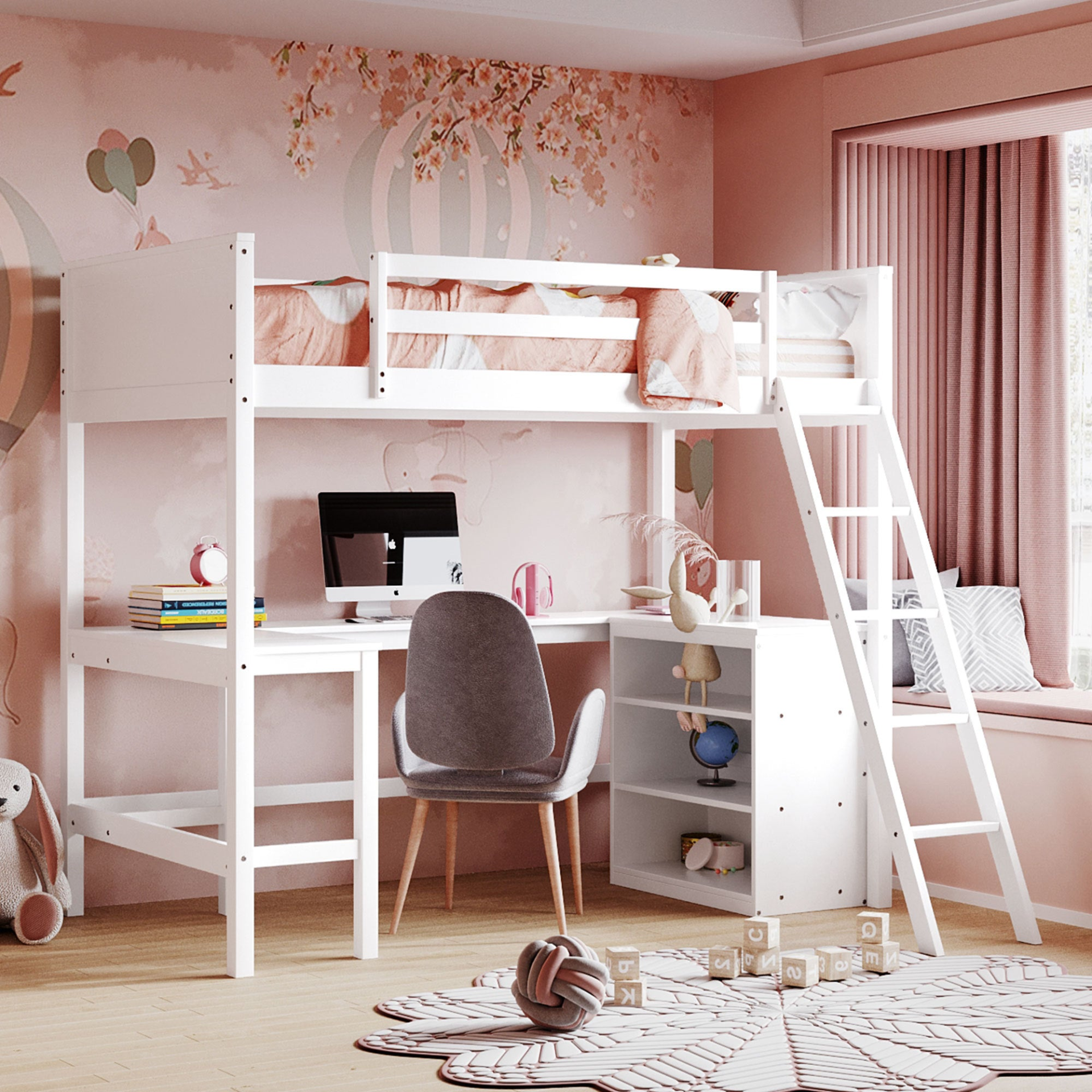 Twin size loft bed by Start2Finish with solid wood frame, built-in desk, and shelves for bedroom or study space.