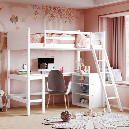 Twin size loft bed by Start2Finish with solid wood frame, built-in desk, and shelves for bedroom or study space.
