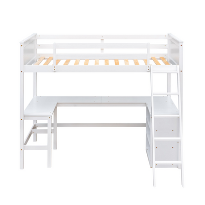 Twin size loft bed by Start2Finish with solid wood frame, built-in desk, and shelves for bedroom or study space.