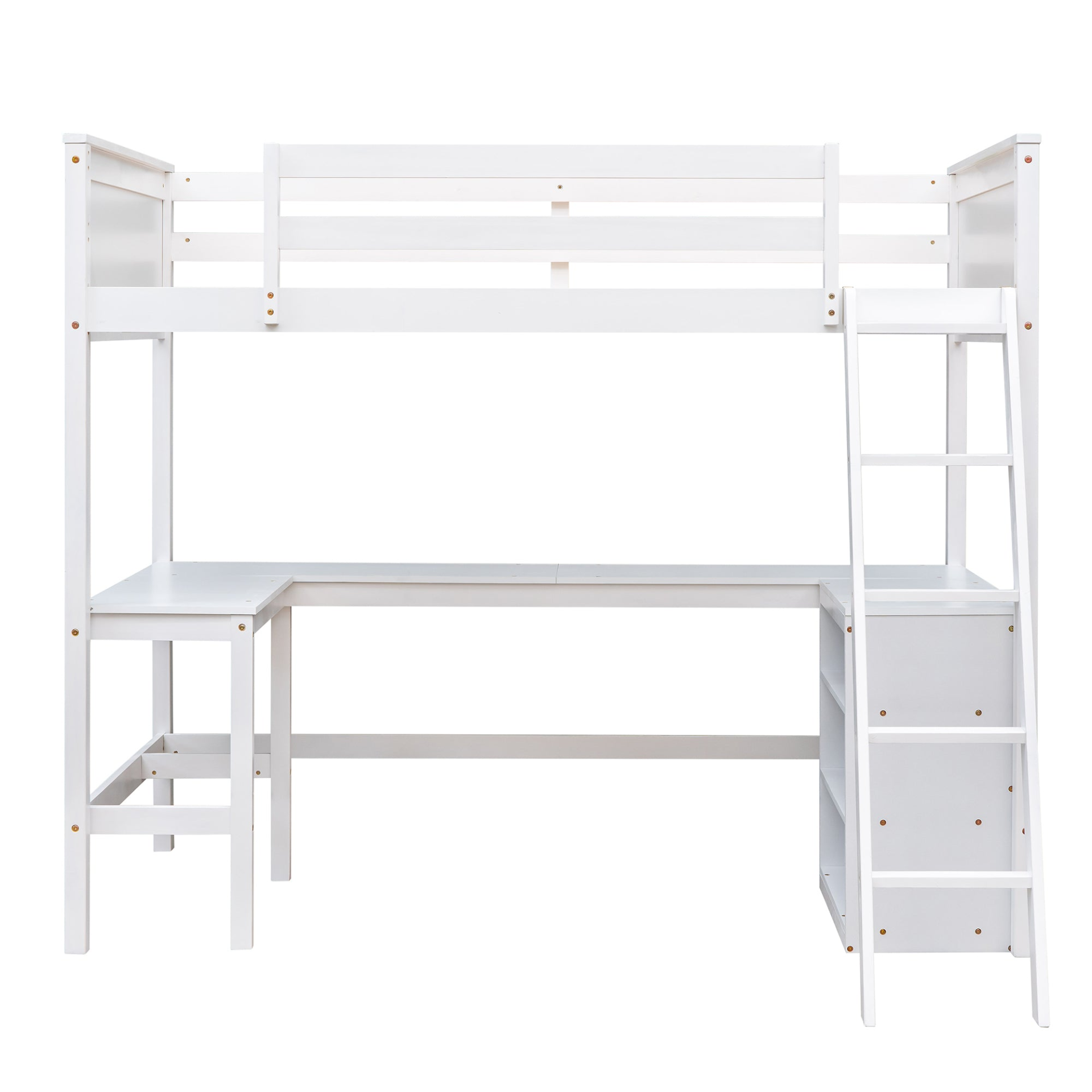 Twin size solid wood loft bed with built-in desk and shelves, ideal for bedroom or study space by Start2Finish