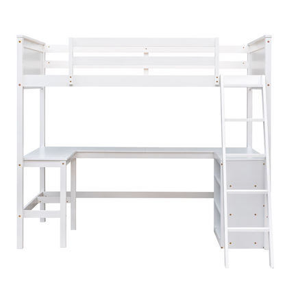 Twin size solid wood loft bed with built-in desk and shelves, ideal for bedroom or study space by Start2Finish