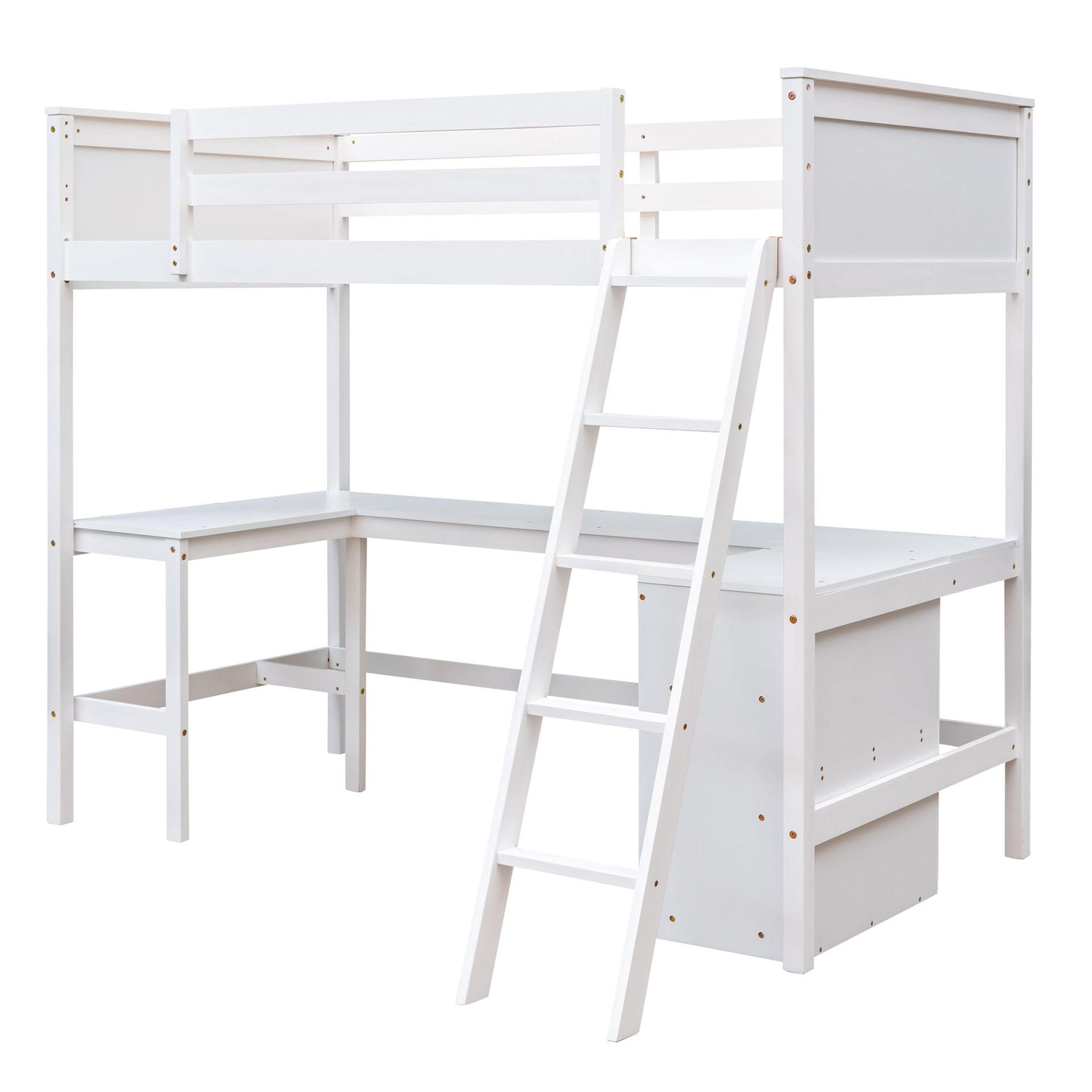 Twin size solid wood loft bed with built-in desk and shelves, ideal for bedroom or study space by Start2Finish