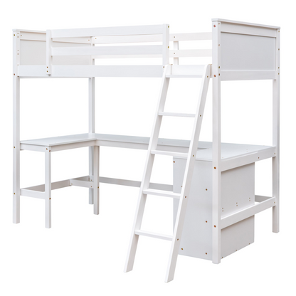 Twin size solid wood loft bed with built-in desk and shelves, ideal for bedroom or study space by Start2Finish
