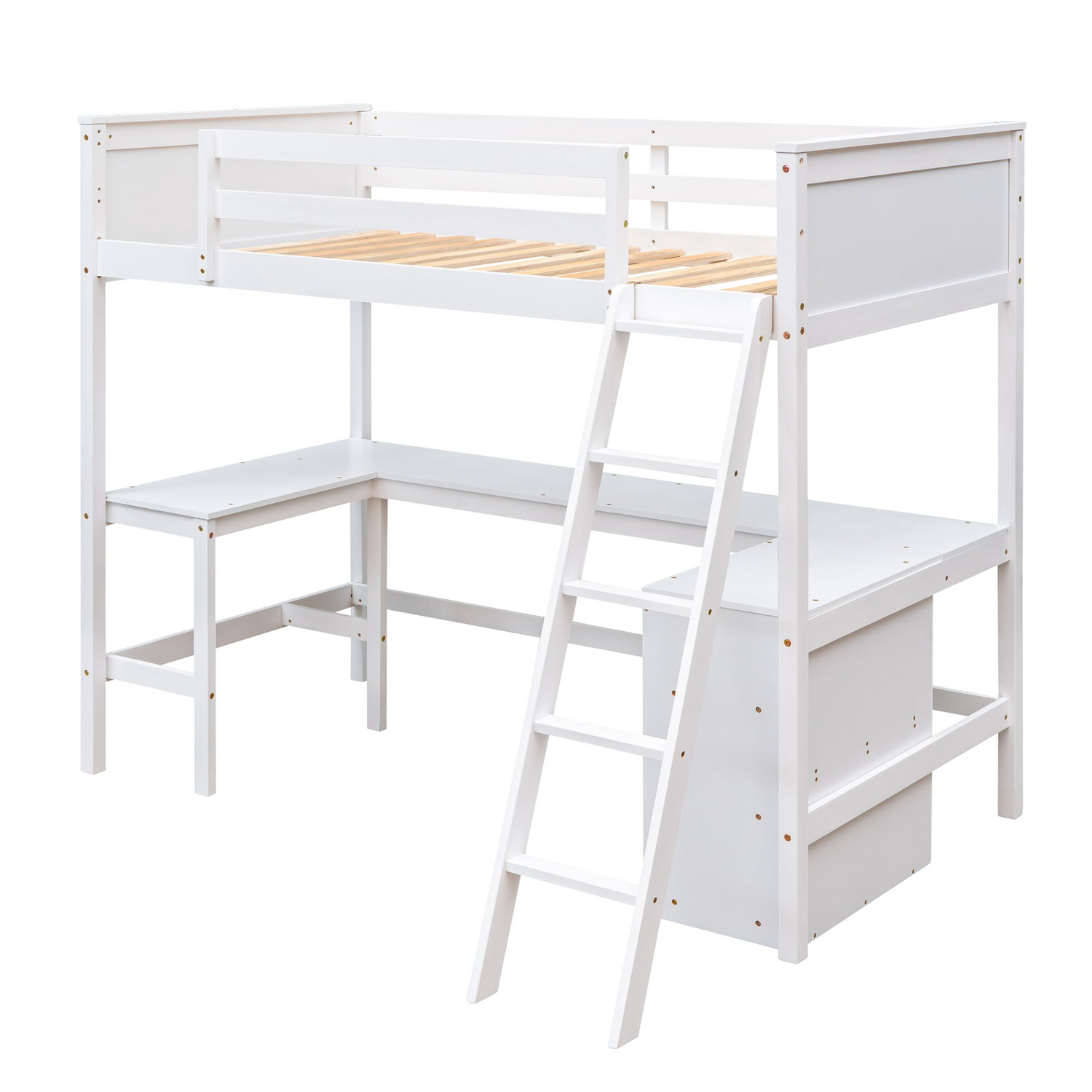 Twin size solid wood loft bed with integrated shelves and built-in desk, ideal for bedroom or study space by Start2Finish