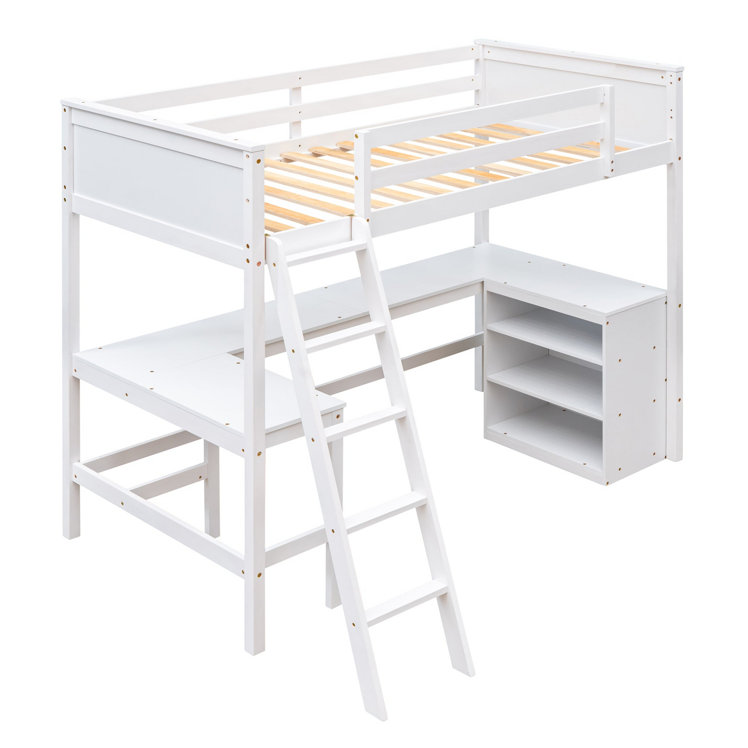 Twin size solid wood loft bed with built-in desk and shelves, ideal for bedrooms or study spaces, by Start2Finish.
