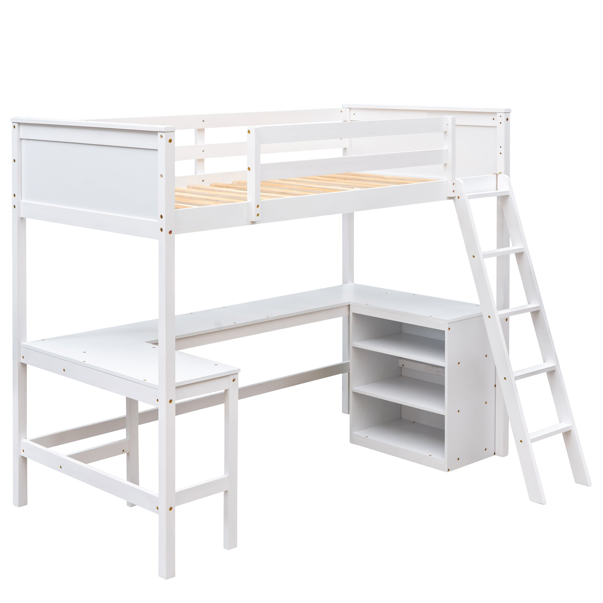 Twin size solid wood loft bed with built-in desk and shelves by Start2Finish, ideal for bedroom or study space.