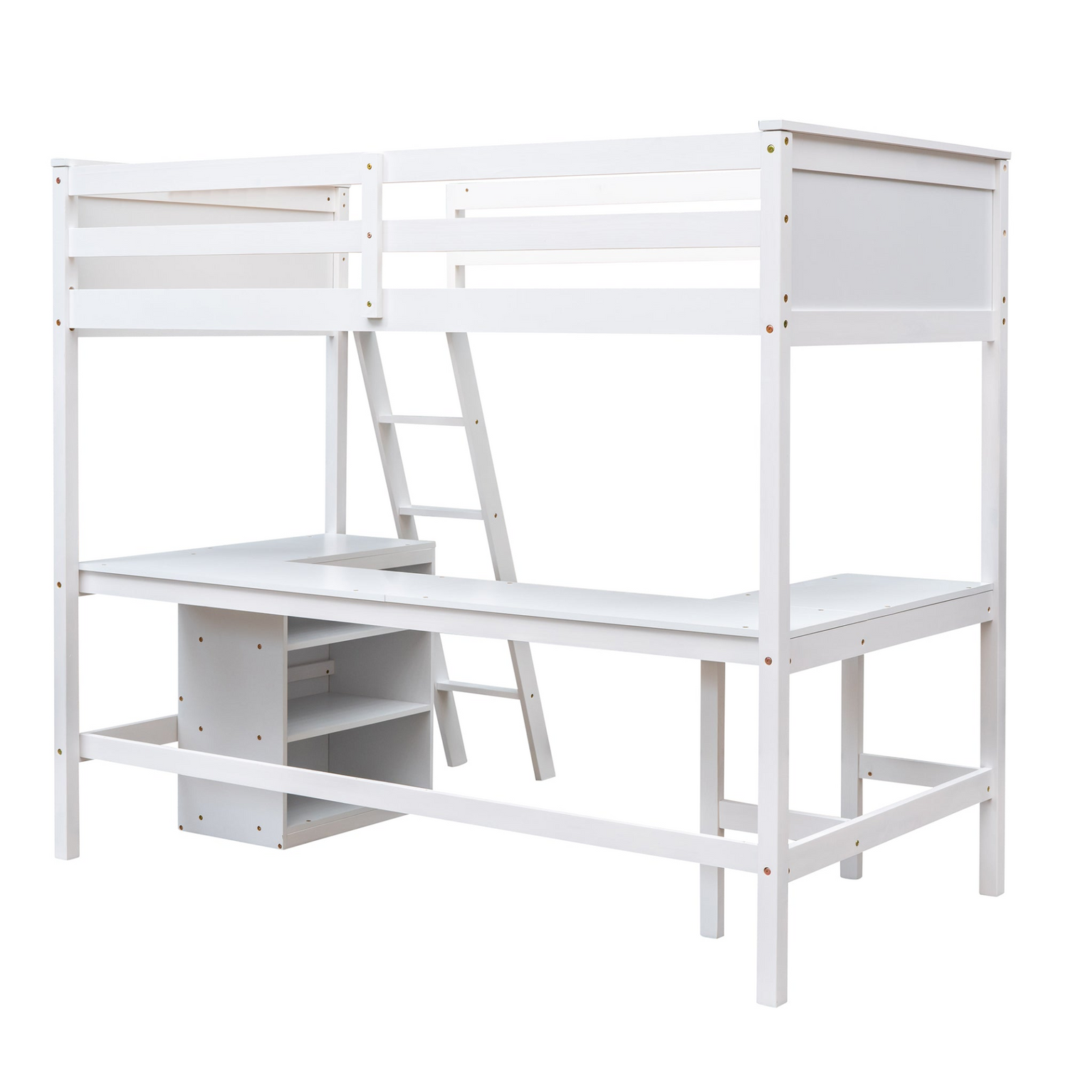 Twin size solid wood loft bed with built-in desk and shelves, ideal for bedroom or study space by Start2Finish
