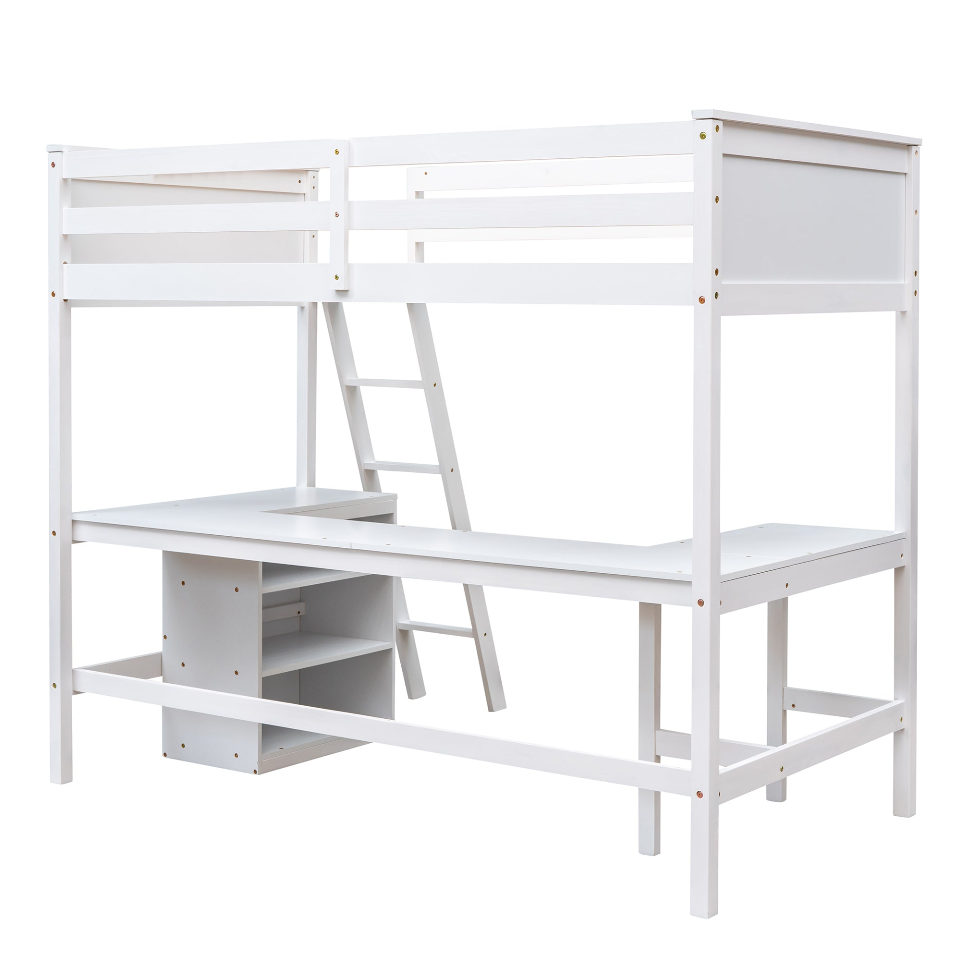 Twin size solid wood loft bed with built-in desk and shelves, ideal for bedroom or study space by Start2Finish