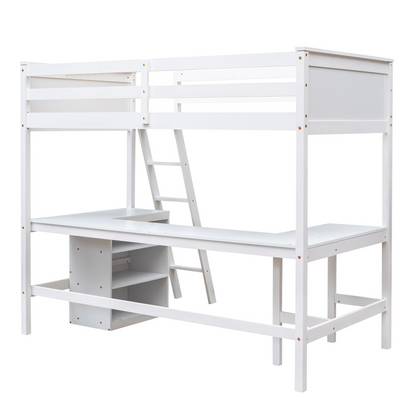 Twin size solid wood loft bed with built-in desk and shelves, ideal for bedroom or study space by Start2Finish