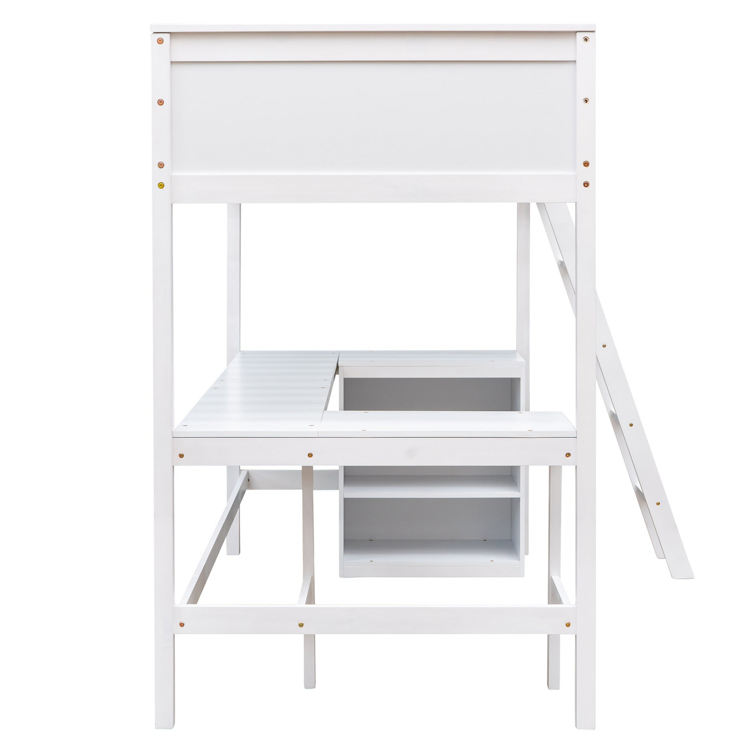 Twin size solid wood loft bed with built-in desk and shelves from Start2Finish, ideal for bedroom or study space.