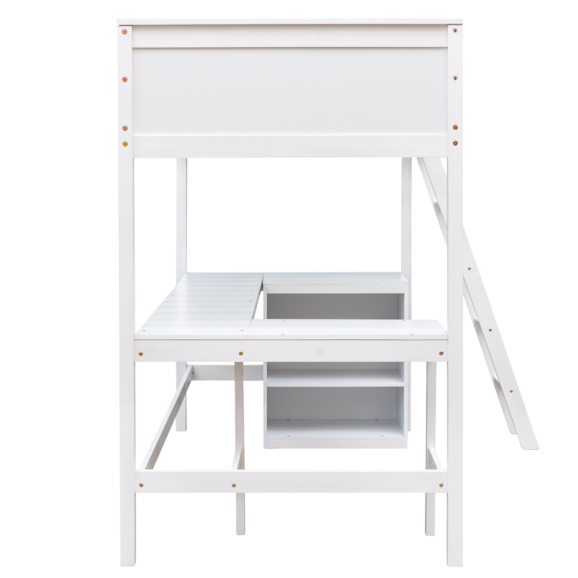 Twin size solid wood loft bed with built-in desk and shelves from Start2Finish, ideal for bedroom or study space.