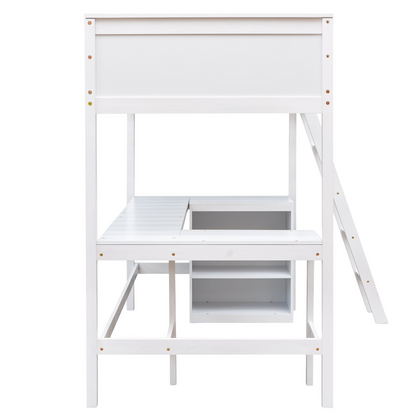 Twin size solid wood loft bed with built-in desk and shelves from Start2Finish, ideal for bedroom or study space.