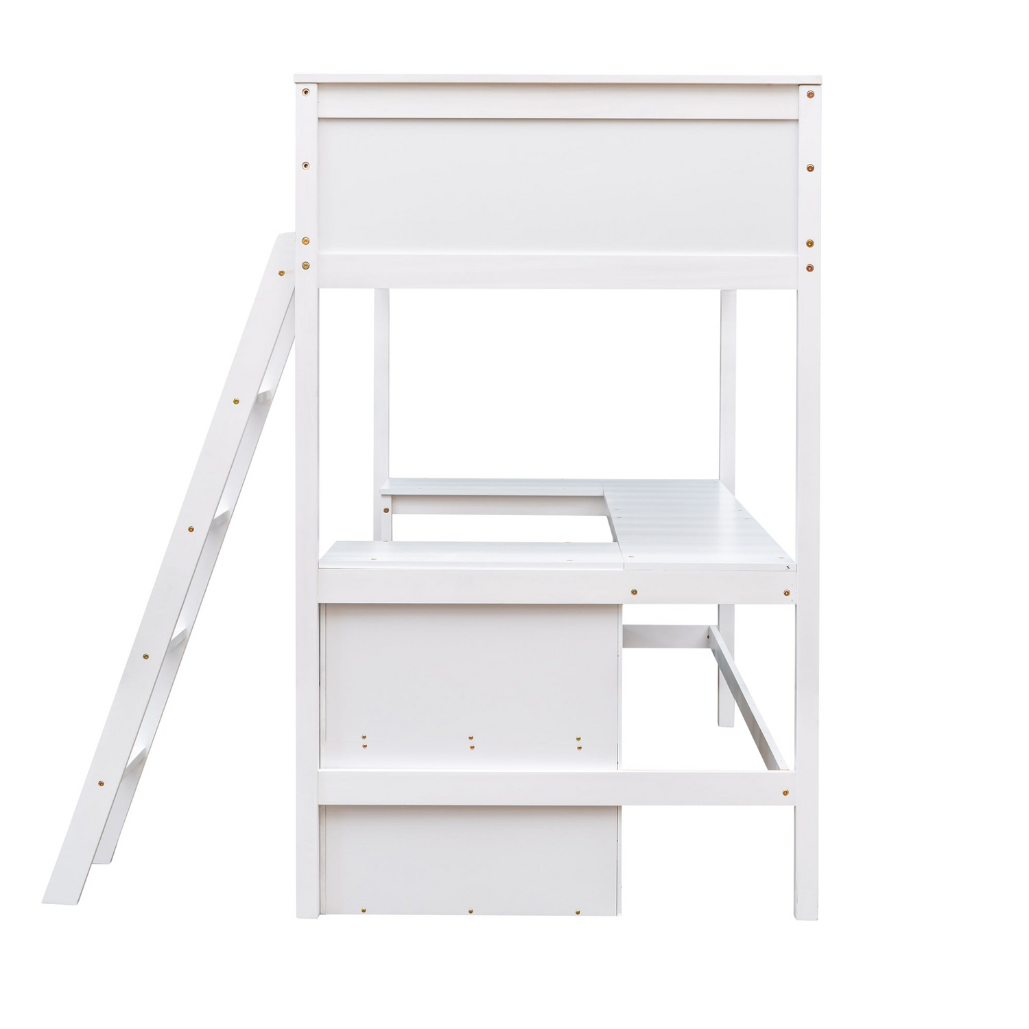 Twin size loft bed by Start2Finish featuring solid wood construction, shelves, and built-in desk for bedroom or study space.