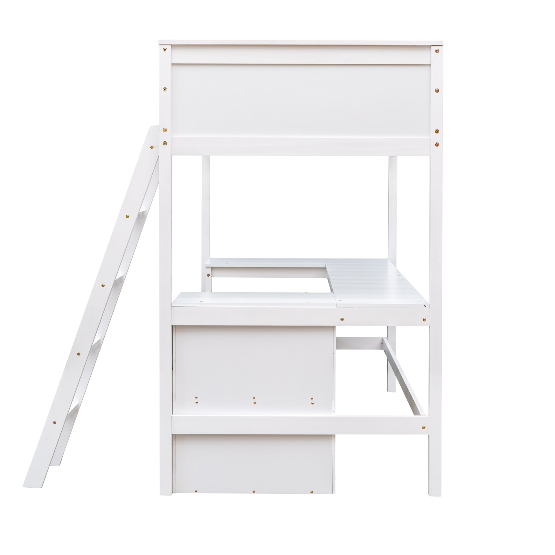 Twin size loft bed by Start2Finish featuring solid wood construction, shelves, and built-in desk for bedroom or study space.