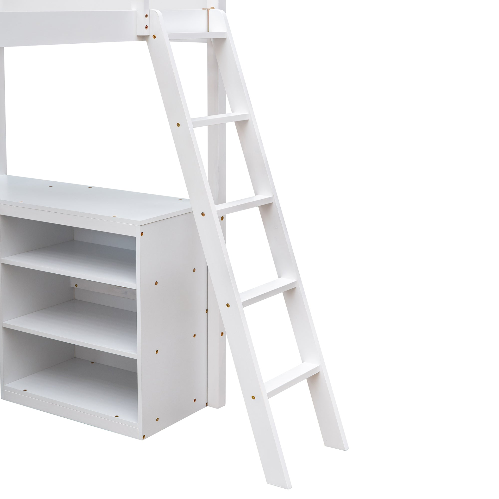 Twin size solid wood loft bed with built-in desk and shelves, ideal for bedroom or study space by Start2Finish