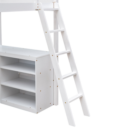 Twin size solid wood loft bed with built-in desk and shelves, ideal for bedroom or study space by Start2Finish