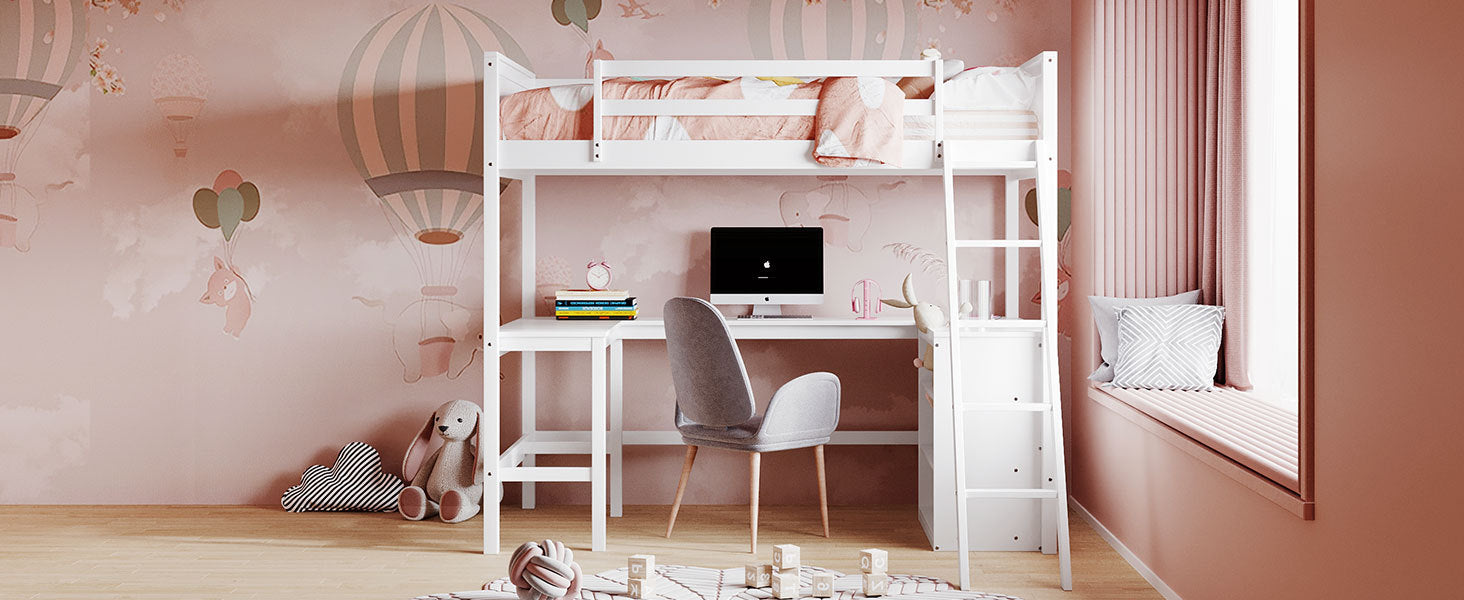 Twin size solid wood loft bed by Start2Finish with built-in desk and shelves, ideal for bedroom or study space.