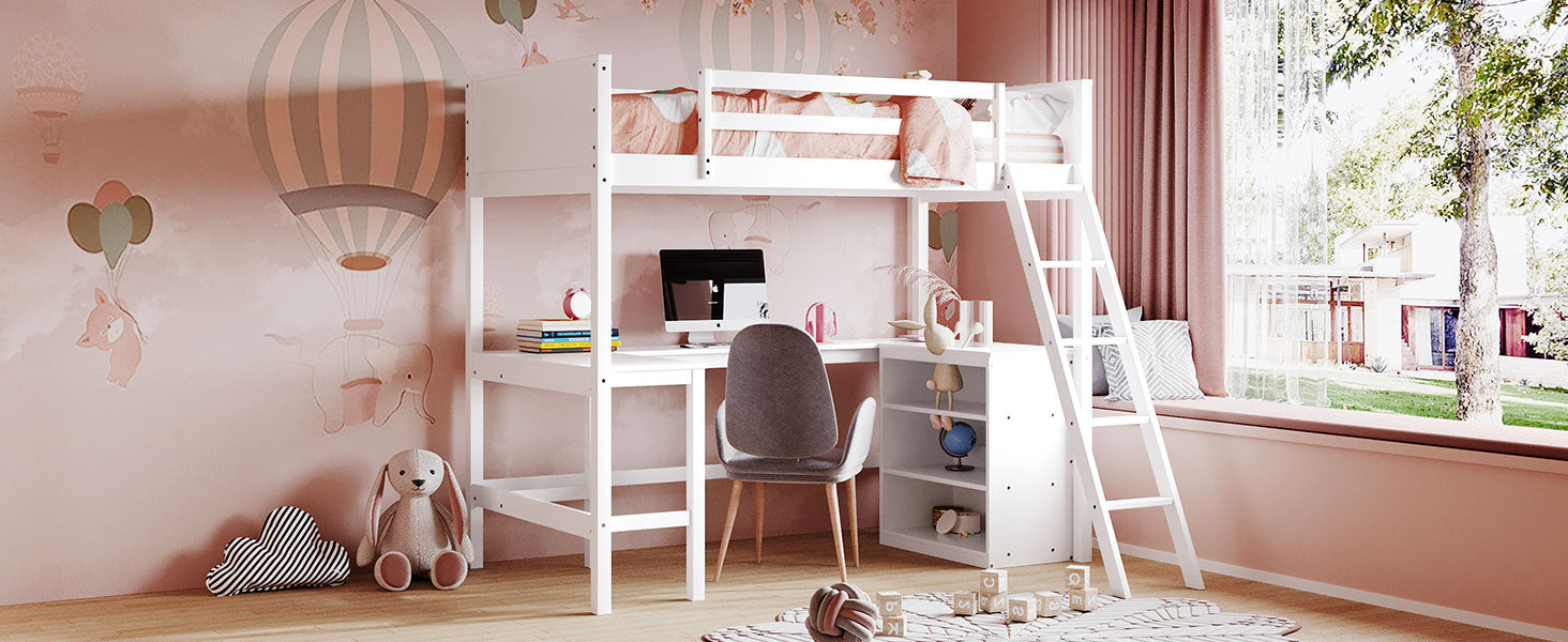 Twin size solid wood loft bed with integrated shelves and built-in desk, ideal for bedroom or study space by Start2Finish