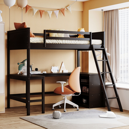 Twin size solid wood loft bed with built-in desk and shelves, ideal for bedrooms or study spaces, by Start2Finish