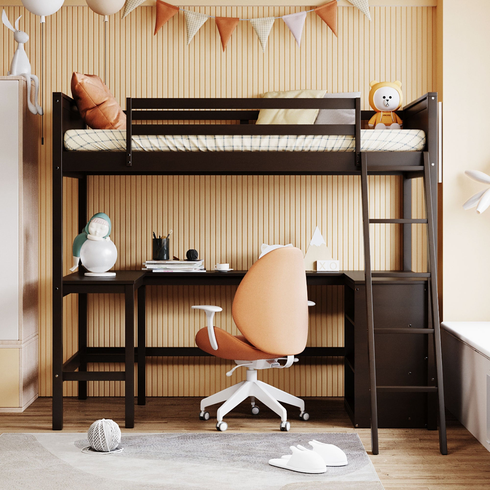 Twin size solid wood loft bed with built-in desk and shelves, ideal for bedroom or study space by Start2Finish