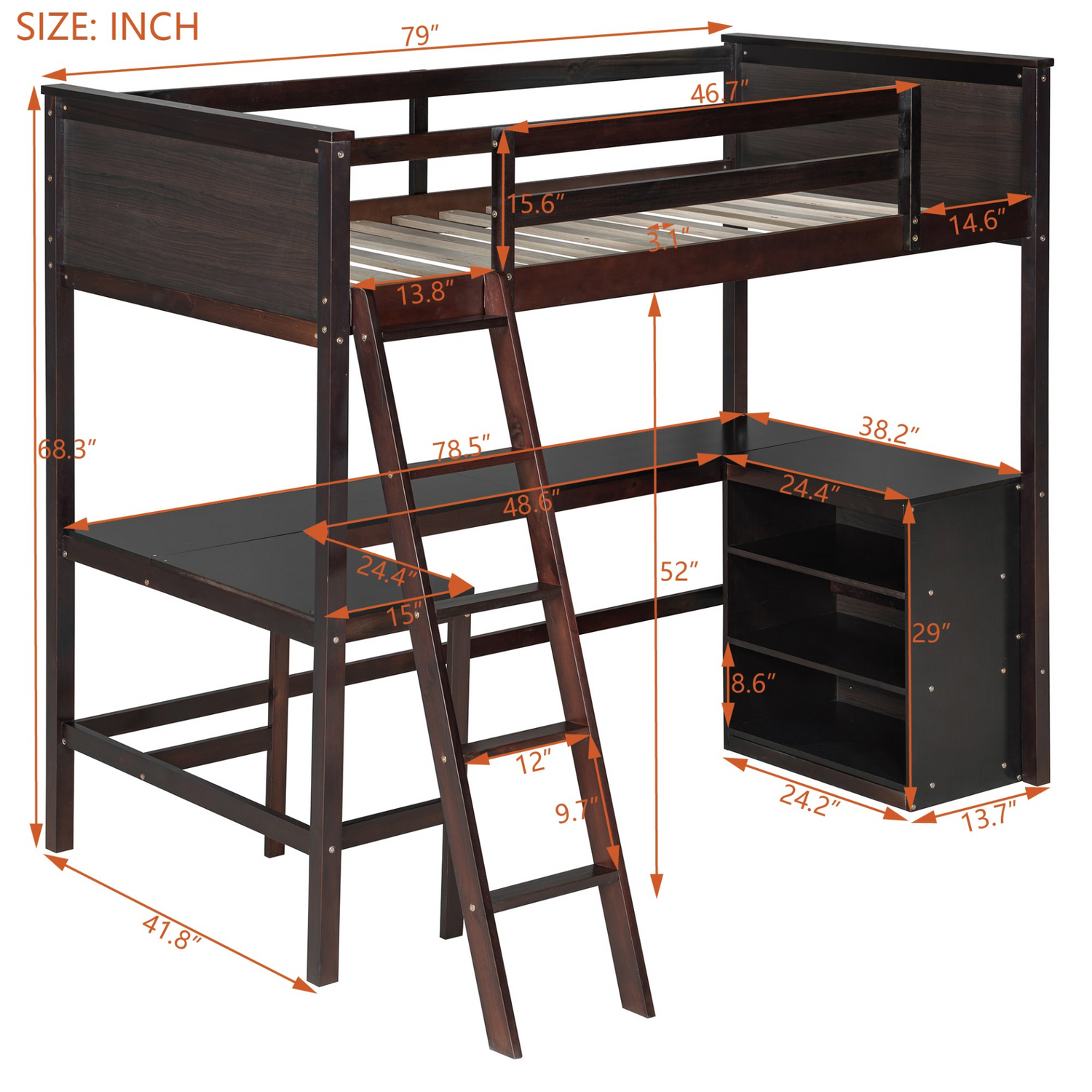 Twin size solid wood loft bed with built-in desk and shelves, ideal for bedroom or study space by Start2Finish.