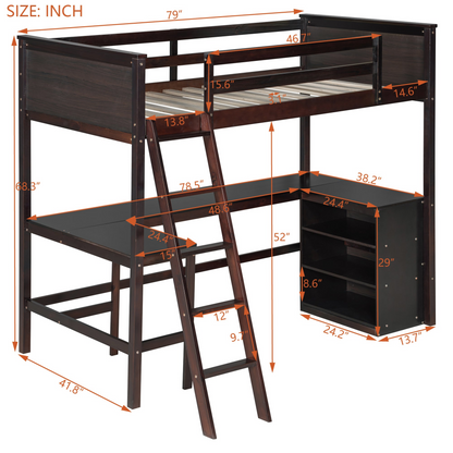 Twin size solid wood loft bed with built-in desk and shelves, ideal for bedroom or study space by Start2Finish.