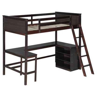 Twin size solid wood loft bed with built-in desk and shelves, ideal for bedroom or study space by Start2Finish