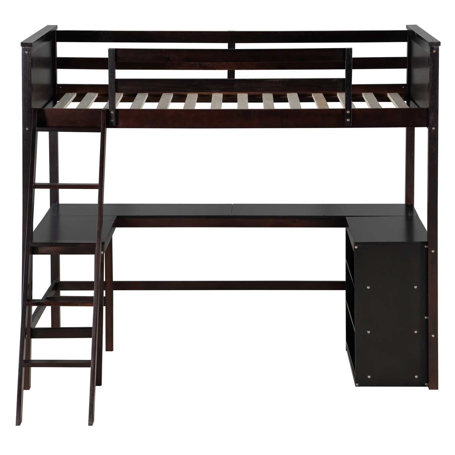 Twin size solid wood loft bed with built-in desk and shelves, ideal for bedroom or study space by Start2Finish