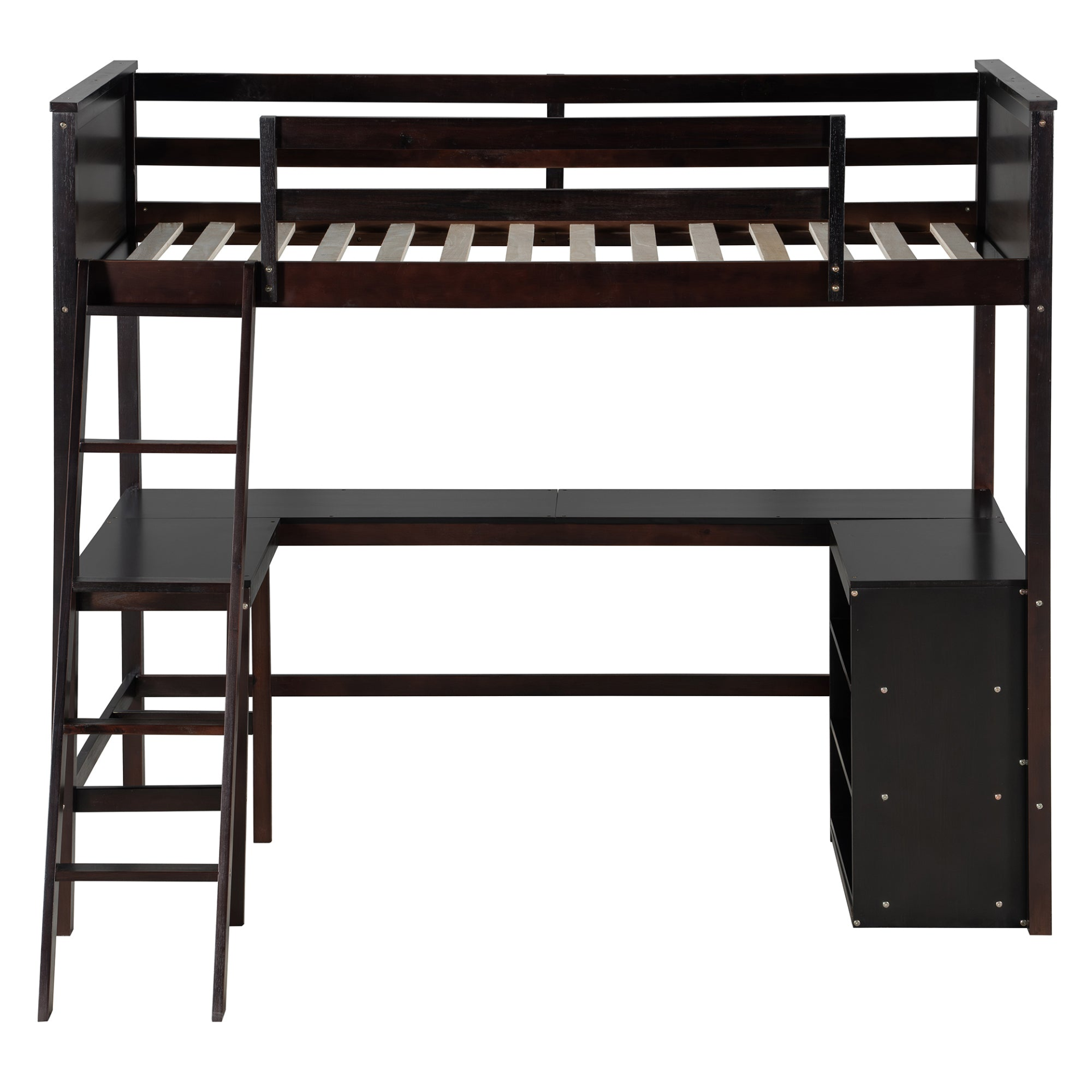 Twin size solid wood loft bed with built-in desk and shelves, ideal for bedroom or study space by Start2Finish
