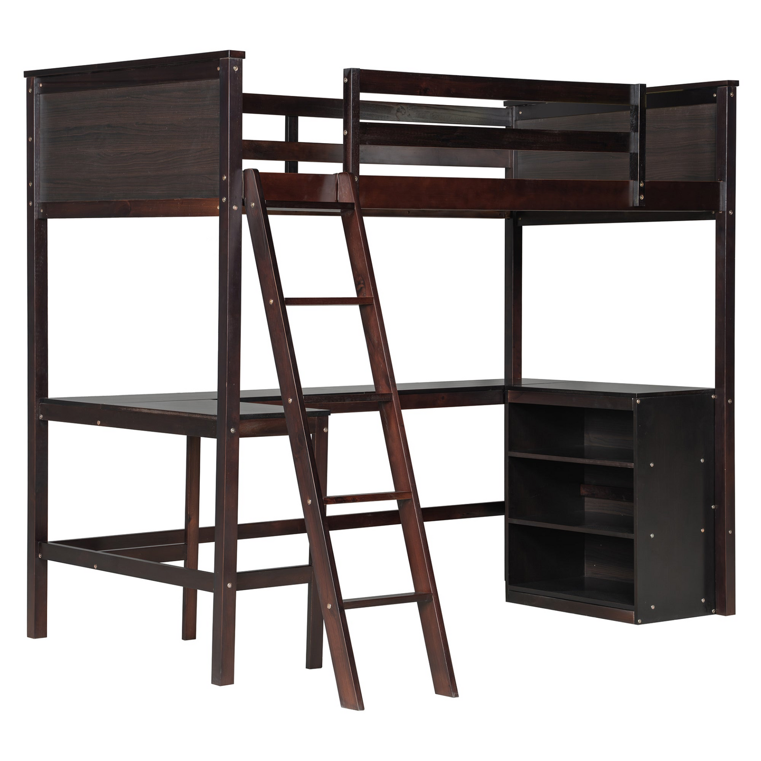 Twin size solid wood loft bed with built-in desk and shelves, ideal for bedroom or study space by Start2Finish