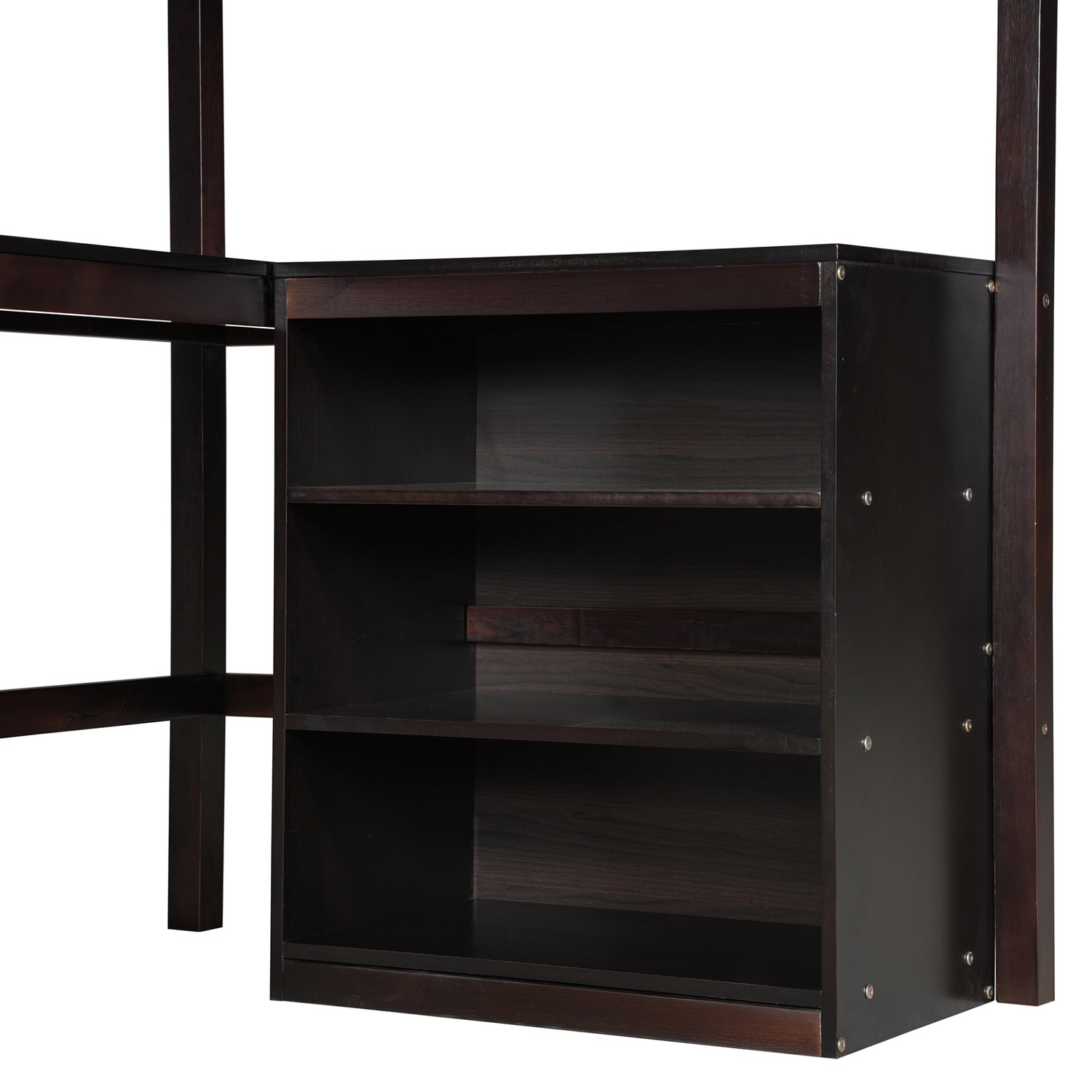 Twin size solid wood loft bed by Start2Finish with built-in desk and shelves, ideal for bedroom or study space.