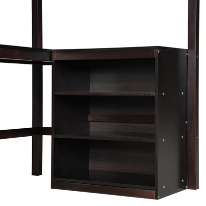 Twin size solid wood loft bed by Start2Finish with built-in desk and shelves, ideal for bedroom or study space.