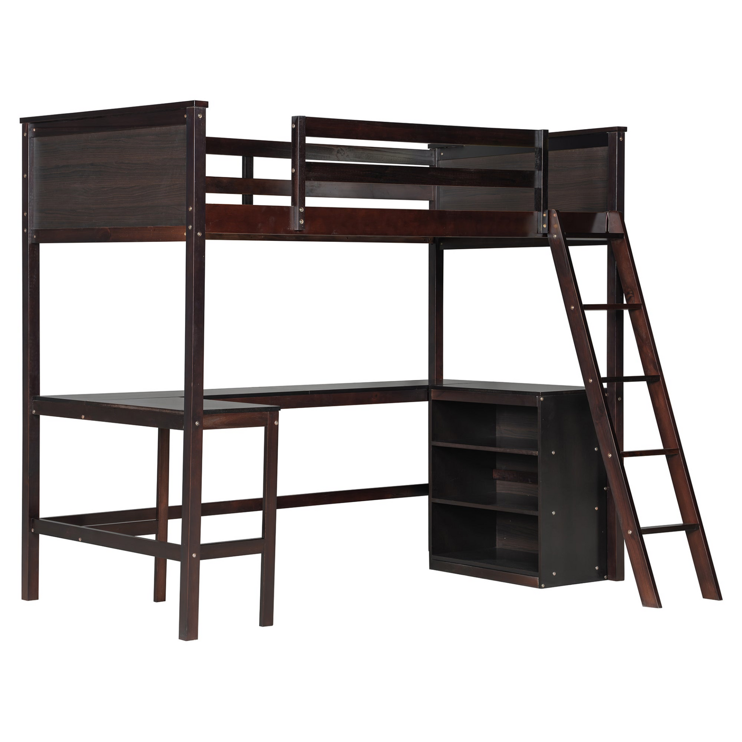 Twin size solid wood loft bed with built-in desk and shelves, ideal for bedroom or study space by Start2Finish