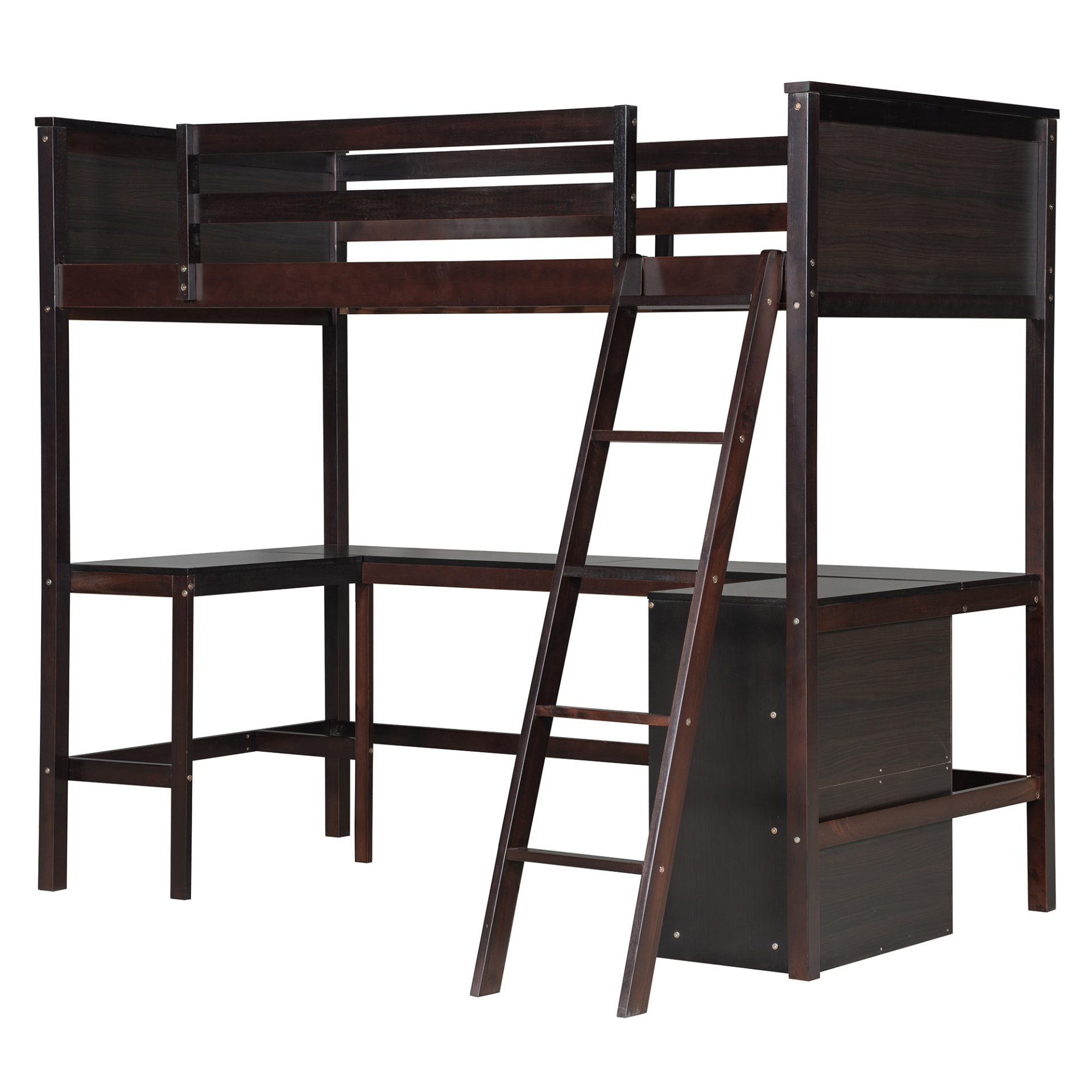 Twin size solid wood loft bed with built-in desk and shelves, ideal for bedroom or study space by Start2Finish