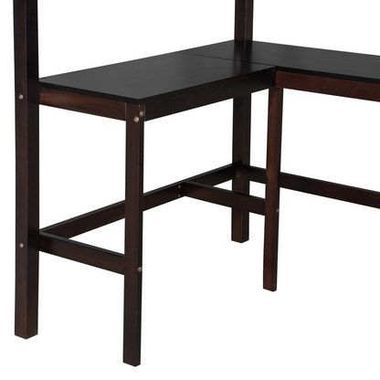 Twin size loft bed by Start2Finish with solid wood frame, integrated shelves, and built-in desk for bedroom or study space.