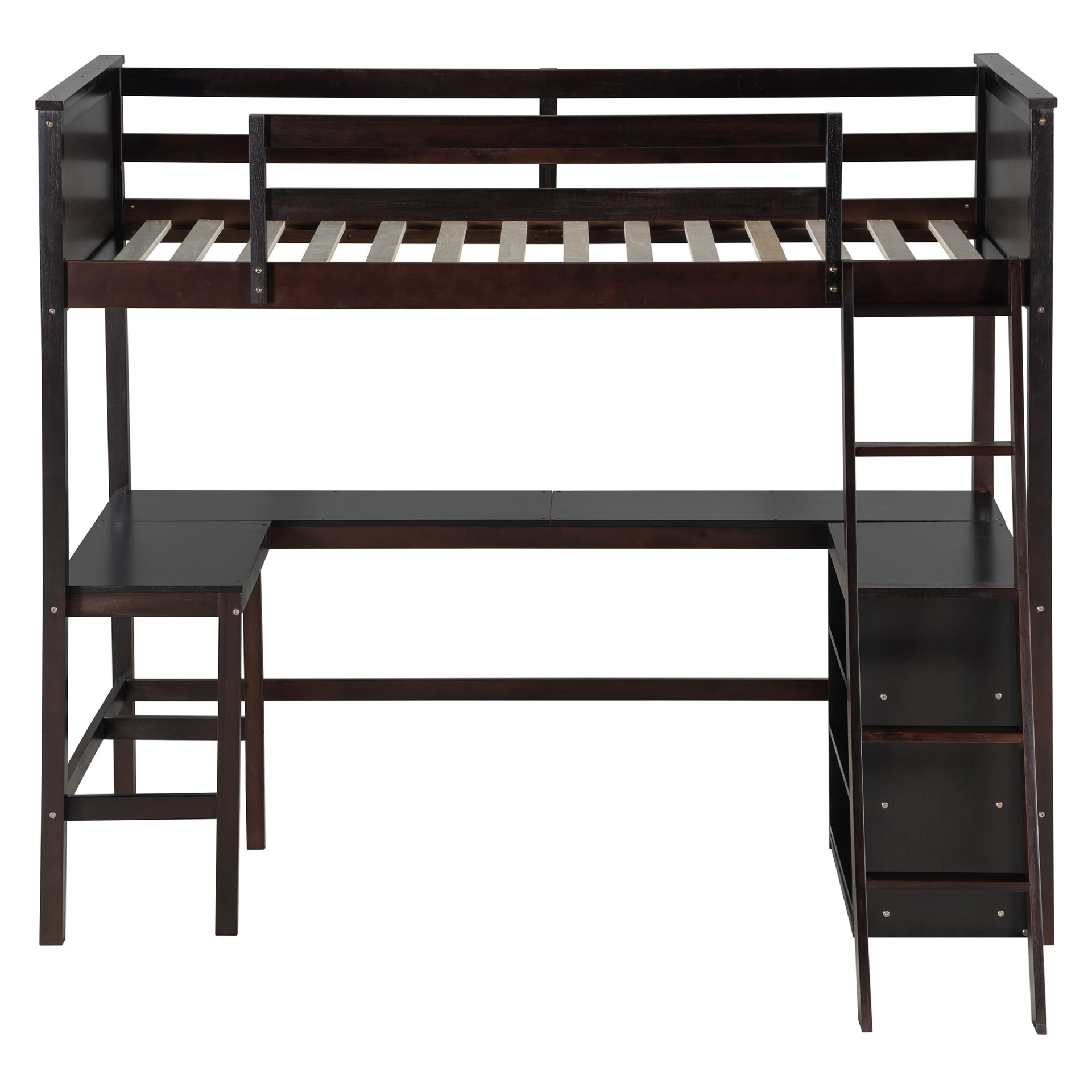 Twin size loft bed by Start2Finish with solid wood frame, integrated shelves, and a built-in desk for bedroom or study space
