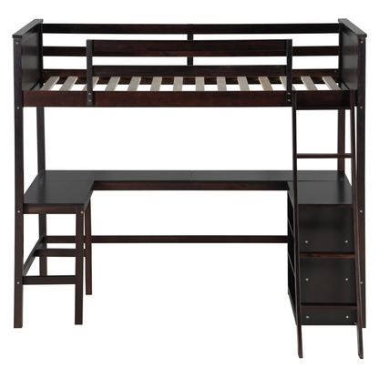 Twin size loft bed by Start2Finish with solid wood frame, integrated shelves, and a built-in desk for bedroom or study space