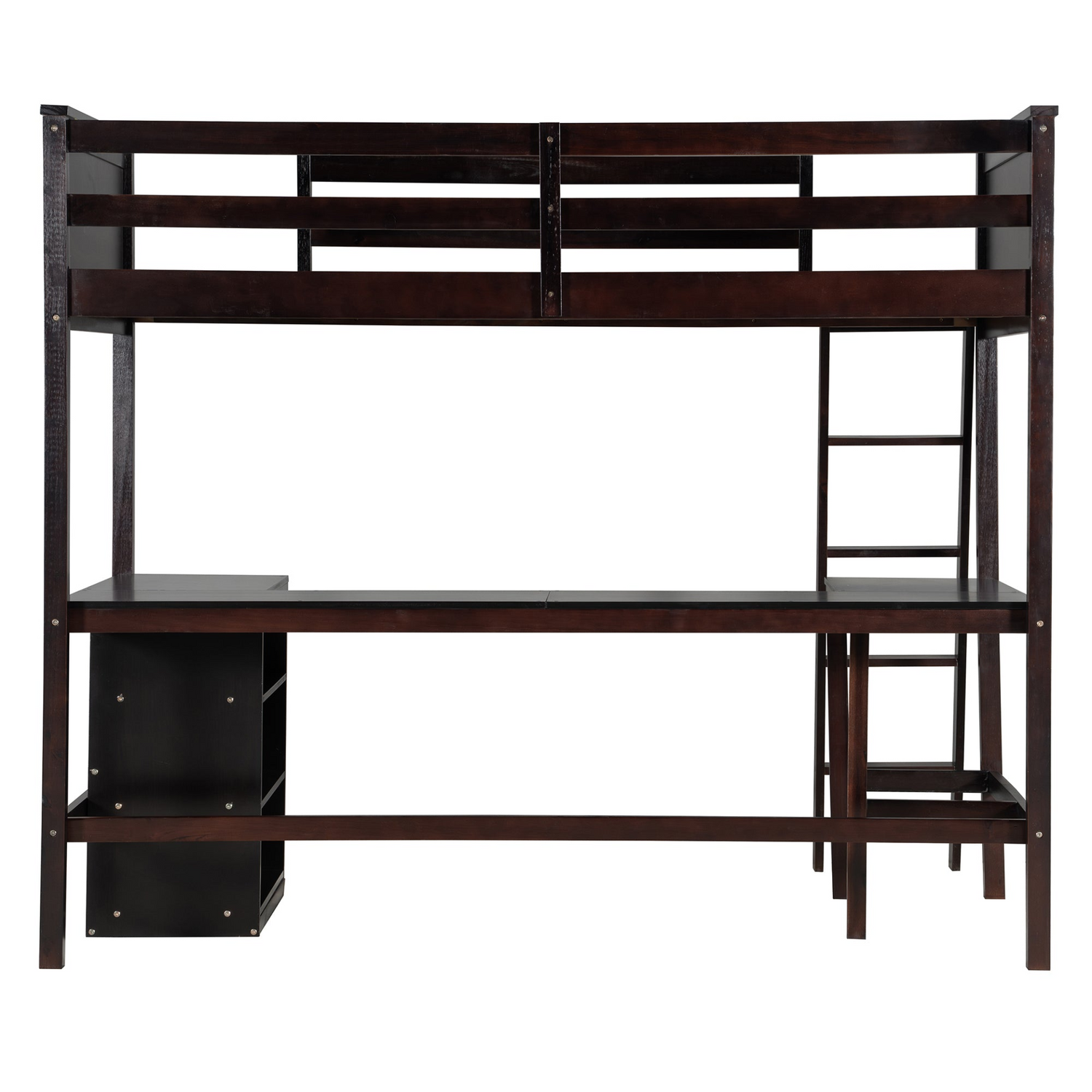 Twin size solid wood loft bed with built-in desk and shelves, ideal for bedroom or study space by Start2Finish