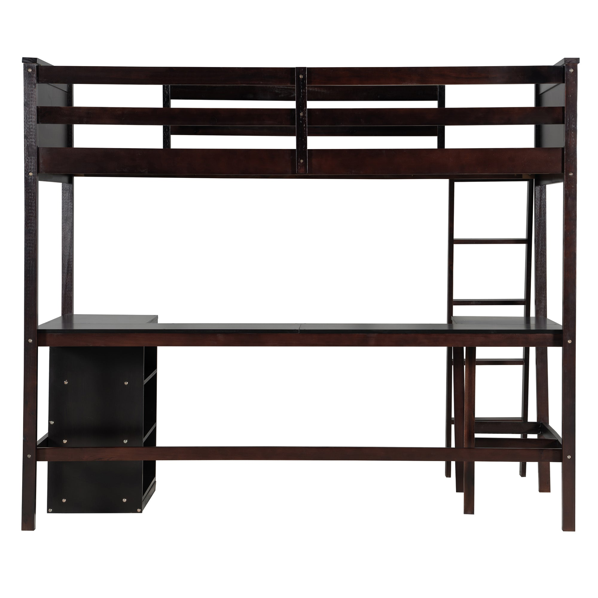 Twin size solid wood loft bed with built-in desk and shelves, ideal for bedroom or study space by Start2Finish