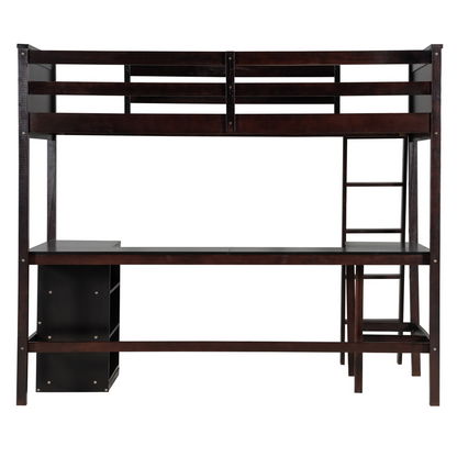 Twin size solid wood loft bed with built-in desk and shelves, ideal for bedroom or study space by Start2Finish