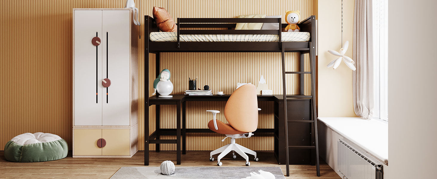 Twin size solid wood loft bed by Start2Finish with built-in desk and shelves, ideal for bedroom or study space.