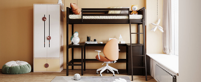 Twin size solid wood loft bed by Start2Finish with built-in desk and shelves, ideal for bedroom or study space.