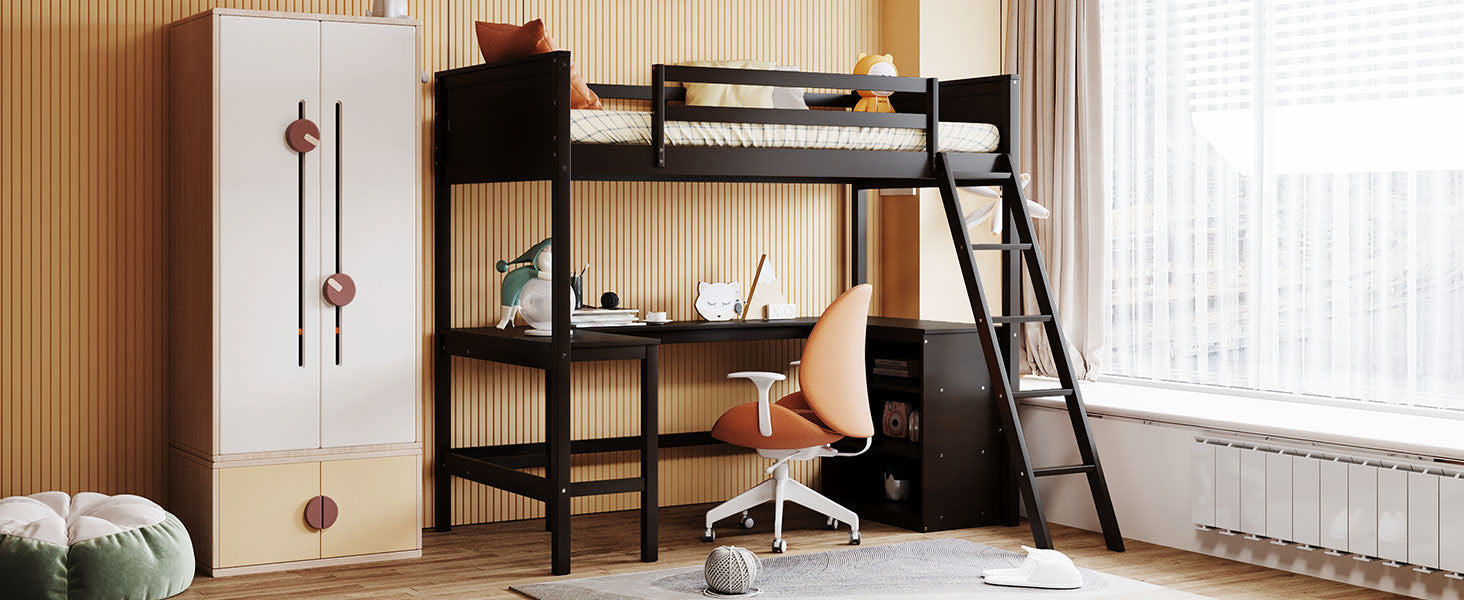 Twin size solid wood loft bed with integrated shelves and built-in desk, ideal for bedroom or study space by Start2Finish