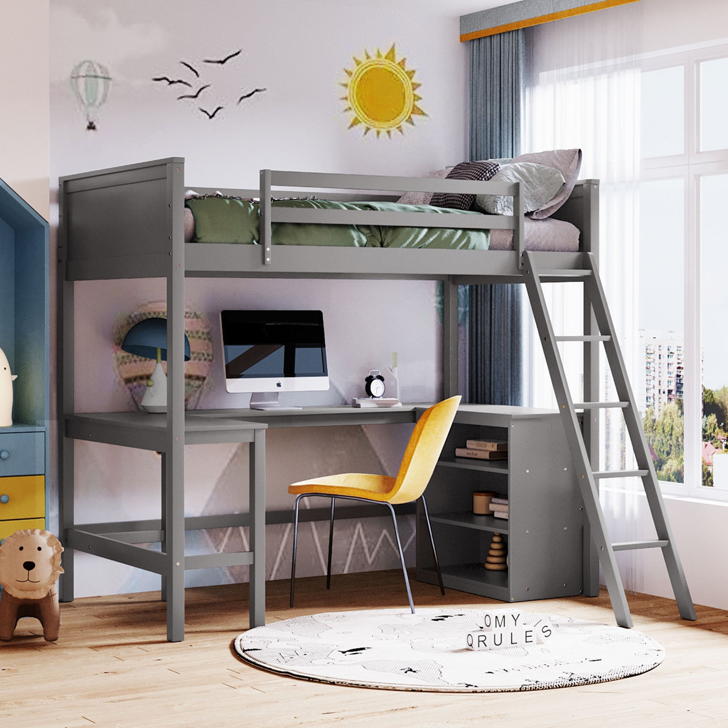 Twin size loft bed by Start2Finish with solid wood construction, integrated shelves, and built-in desk for bedroom or study space.