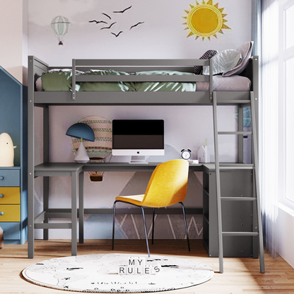 Twin size solid wood loft bed with integrated shelves and built-in desk, ideal for bedroom or study space by Start2Finish.