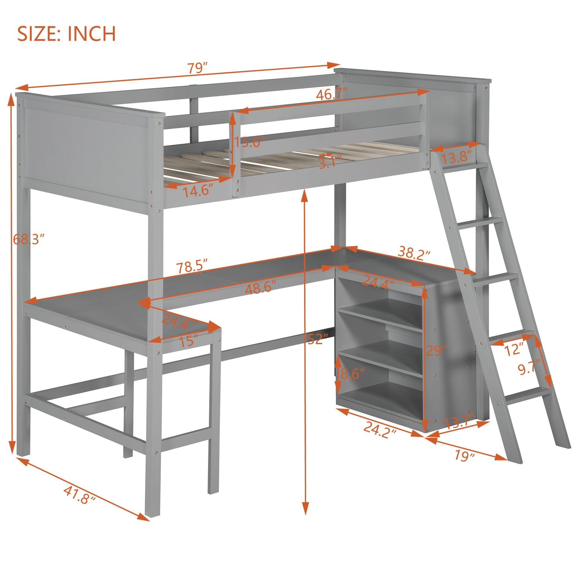 Twin size solid wood loft bed with built-in desk and shelves, ideal for bedroom or study space by Start2Finish